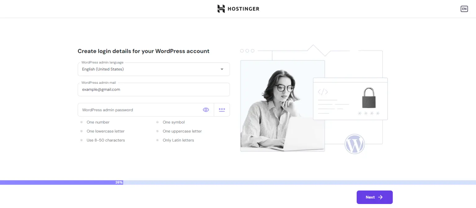 hostinger-onboarding-wordpress-account-creation-page