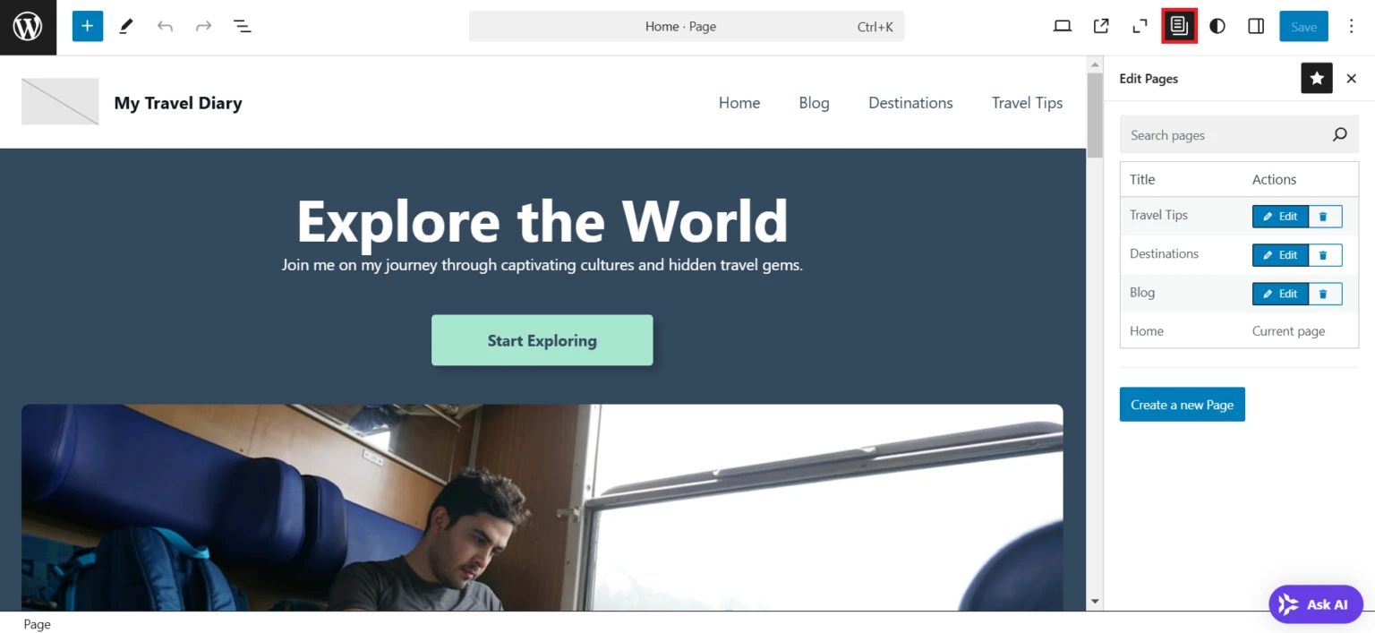 the-edit-pages-button-highlighted-in-the-wordpress-full-site-editor-1536x707