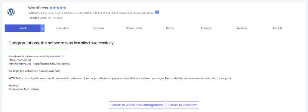 cpanel-softaculous-installation-confirmation